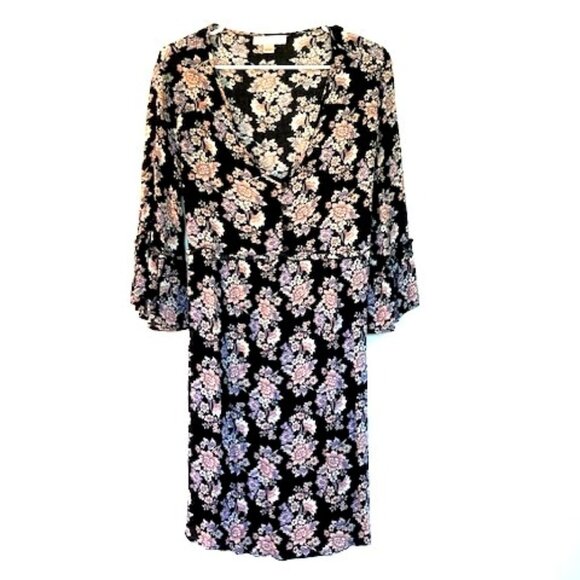 Chance & Destiny Black Floral V-Neck Dress with Bell Sleeves - Picture 1 of 6